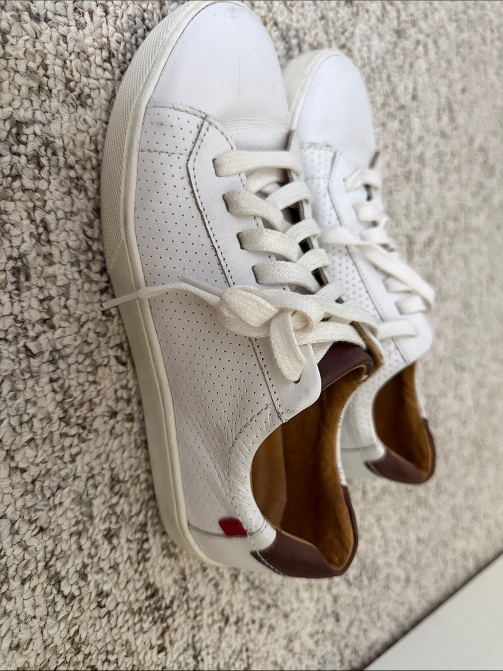 Marc Joseph White Leather Sneakers with Brown Heel and Red Stitch Accent